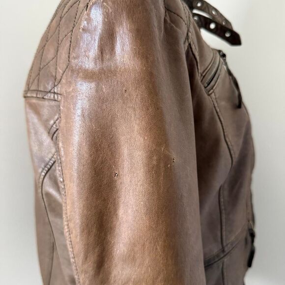 Vintage Brown Moto Leather Jacket Blanc Noir Size L - Picture 5 of 8